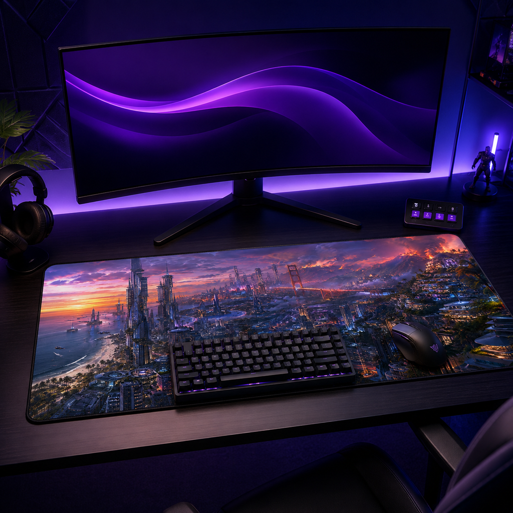 California Gaming Mouse Pad – Cyberpunk Coastal City Desk Mat
