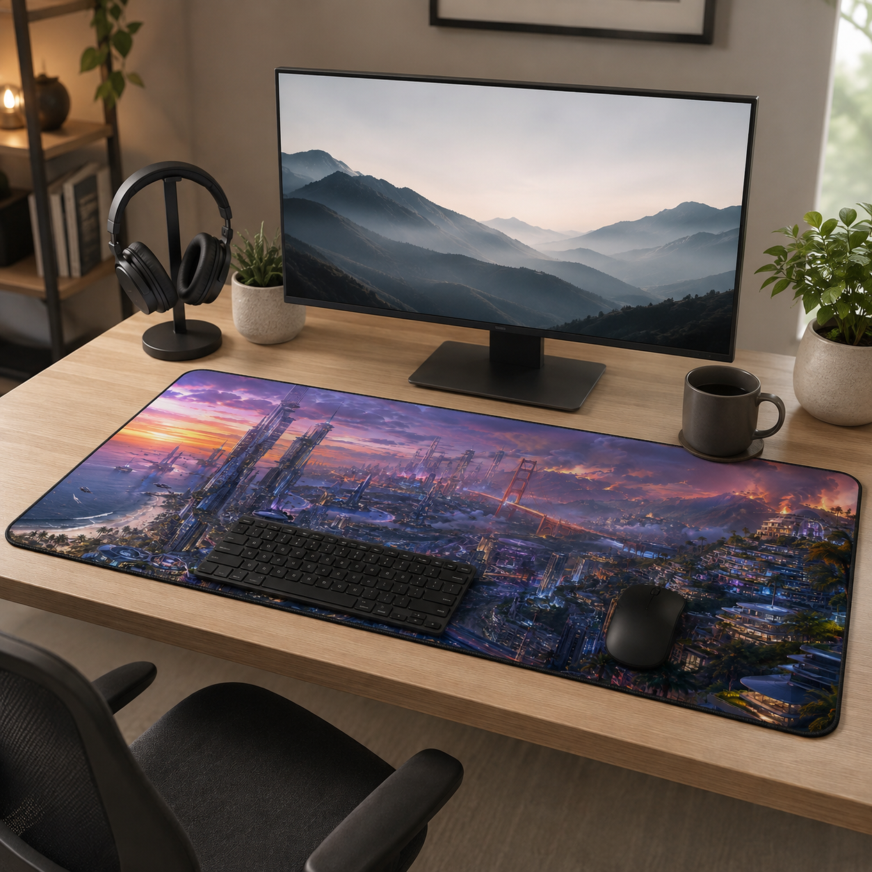 California Gaming Mouse Pad – Cyberpunk Coastal City Desk Mat