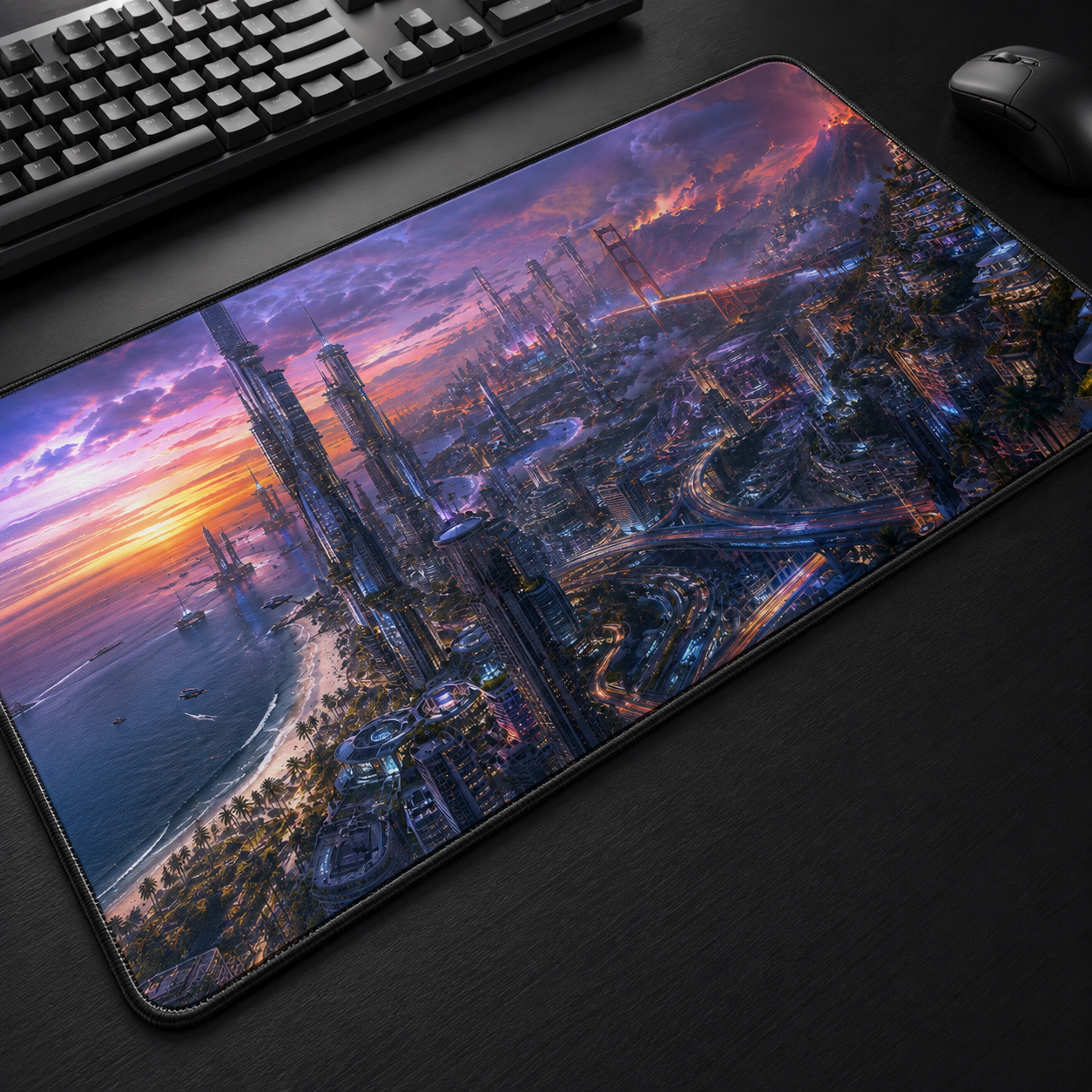 California Gaming Mouse Pad – Cyberpunk Coastal City Desk Mat