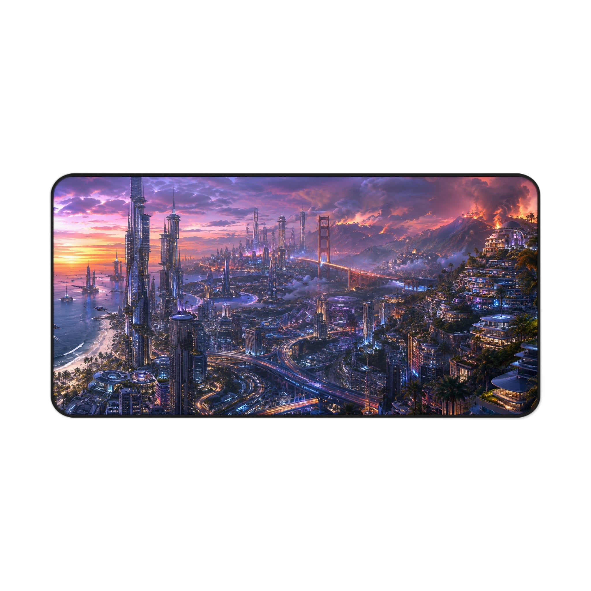 California Gaming Mouse Pad – Cyberpunk Coastal City Desk Mat